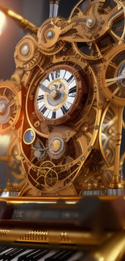 Intricate steampunk clock wallpaper with golden gears and vintage design effect.