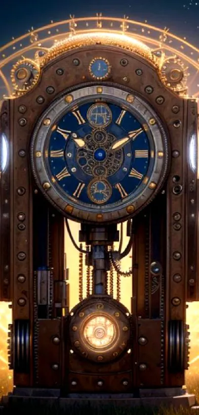 Intricate steampunk clockwork design with glowing gears and celestial patterns.