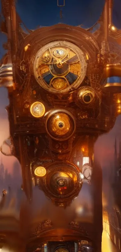 Steampunk-themed wallpaper with intricate clockwork and cityscape design.