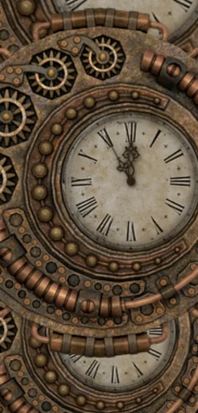 Steampunk wallpaper with clock and gears in a bronze palette.