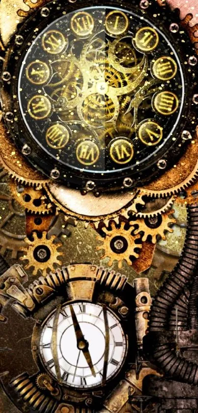 Steampunk clockwork gears wallpaper with intricate design.