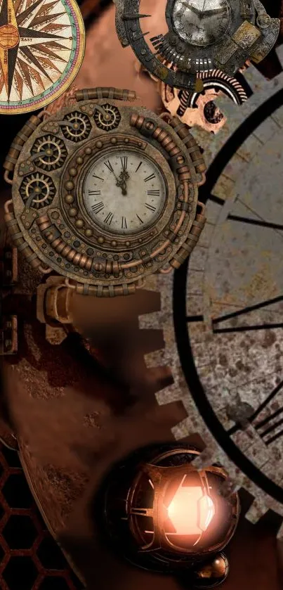 Steampunk clock design with gears in brown tones for mobile wallpaper.