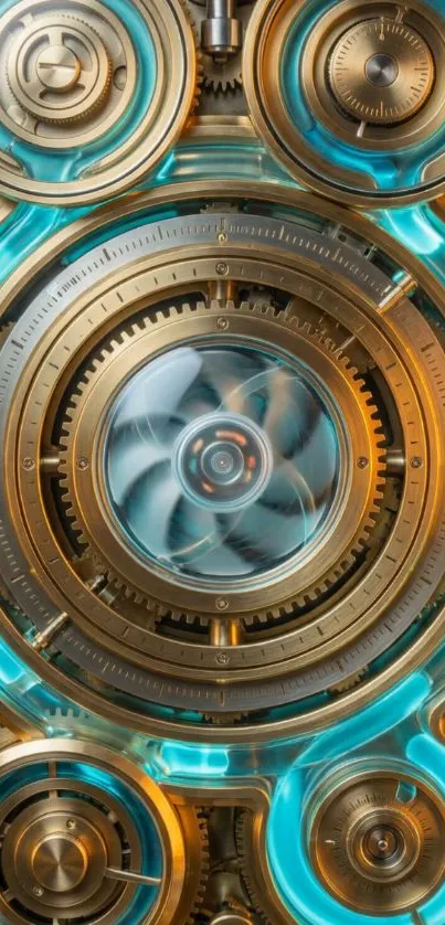 Steampunk clockwork wallpaper with gears and blue glow.