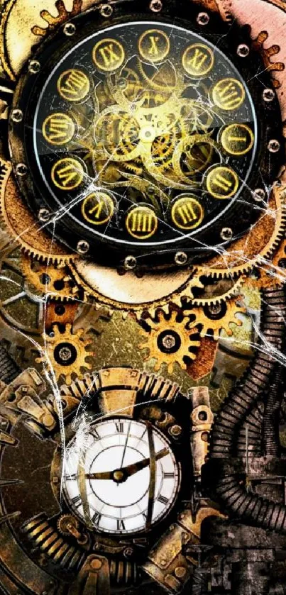 Steampunk clockwork wallpaper with gears and vintage elements.