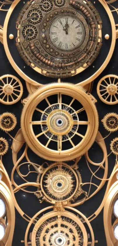 Steampunk clock with golden gears on a dark background.