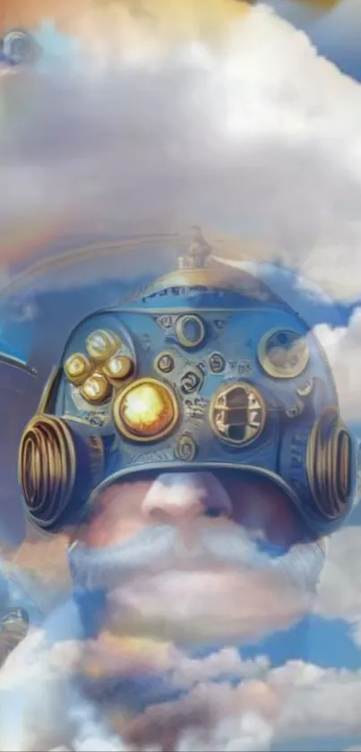 Futuristic artwork with helmet in clouds.