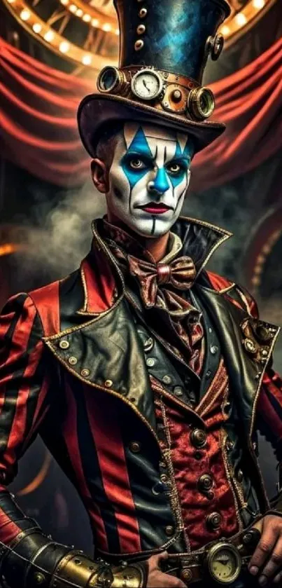 Steampunk clown in a carnival setting with vibrant colors.