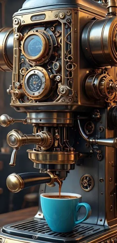 Steampunk coffee machine with blue mug pouring espresso.