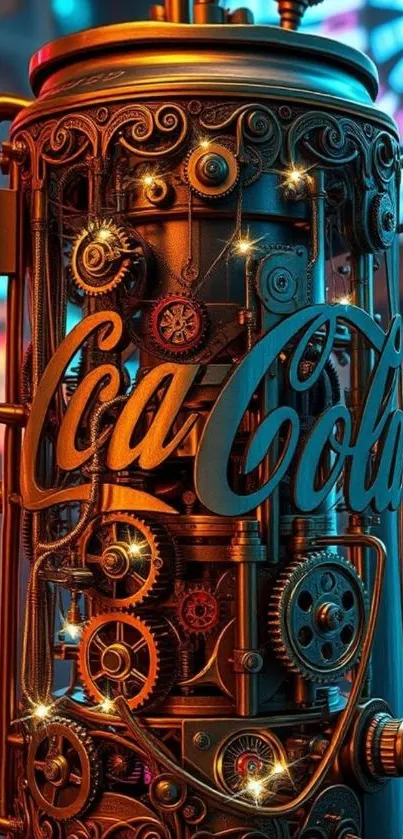 Steampunk Coke machine art with intricate gears and vibrant colors.
