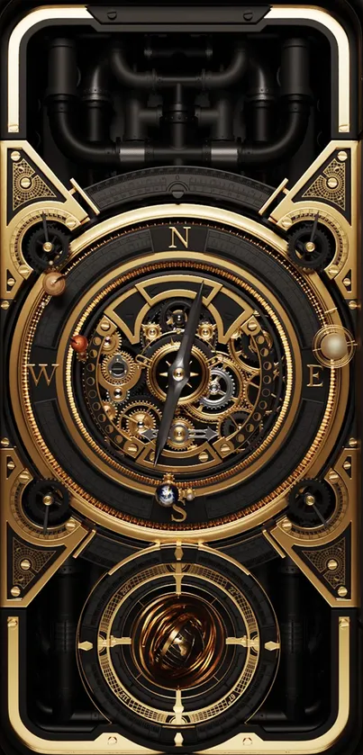 Steampunk compass clock with golden gears and intricate design for mobile wallpaper.