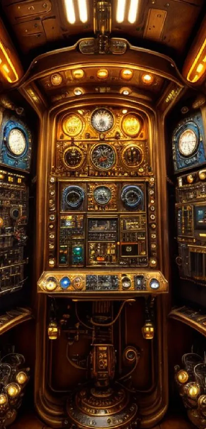 Steampunk style control panel with vintage clocks and gears.