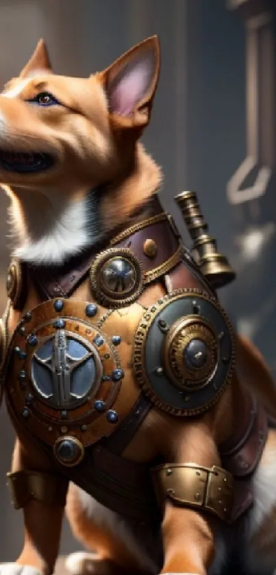 Steampunk corgi with intricate gear armor in a fantasy setting.