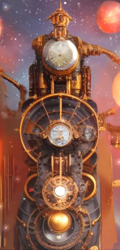 Steampunk fantasy art with glowing planets and intricate gears.