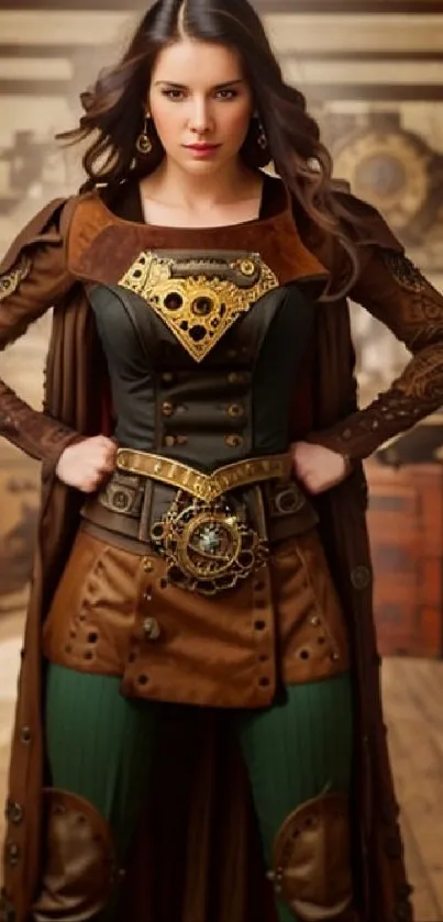 Steampunk cosplay character in rustic setting.