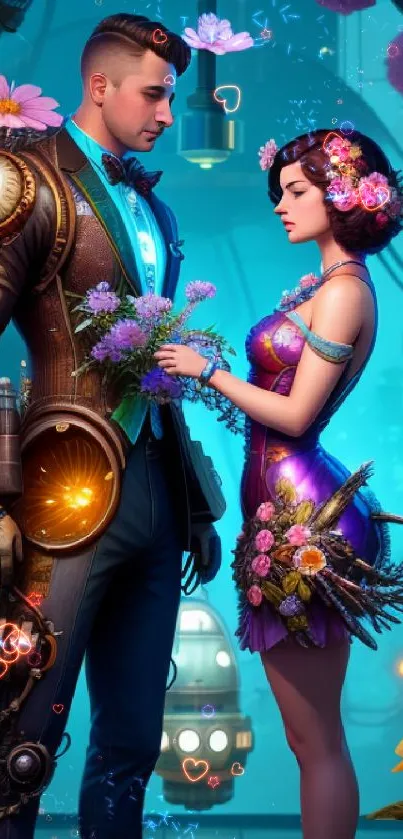 Steampunk couple with floral accents on teal background, vibrant and elegant.