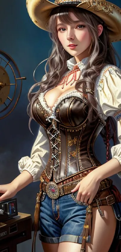 Steampunk cowgirl in vintage attire, set against a rustic backdrop.