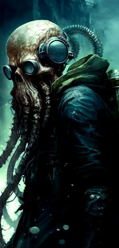 Steampunk Cthulhu warrior in dark atmosphere.