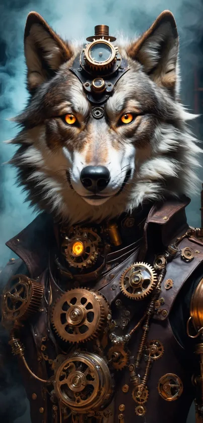 Steampunk cyber wolf with gears and glowing eyes.