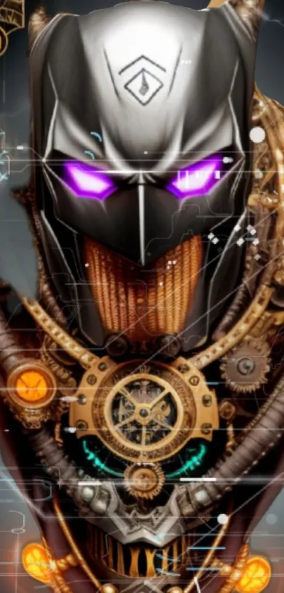 Steampunk cybernetic cat with purple eyes and gears.