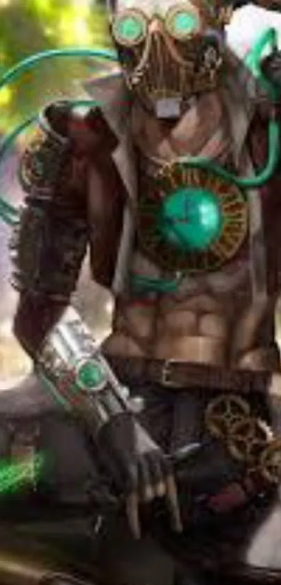 Steampunk cyberpunk warrior with green accents in fantasy art design.