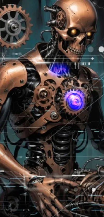 Steampunk cyborg with mechanical details and vibrant colors.