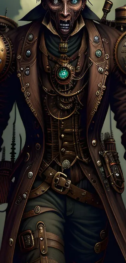 Steampunk cyborg in brown coat with intricate details.