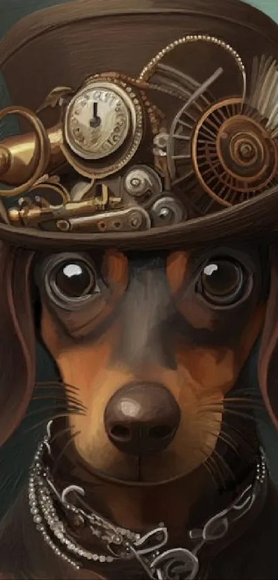 Steampunk dachshund in a hat with gears and vintage style.