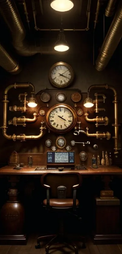 Steampunk desk with gears and clocks in a vintage industrial setup.