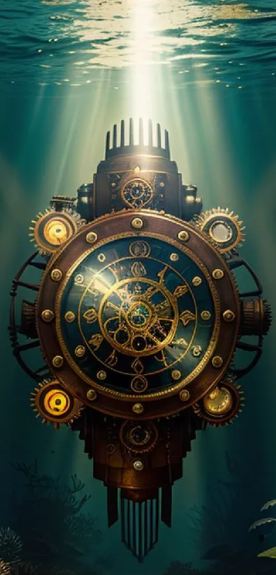 Steampunk clockwork device submerged in glowing underwater setting.