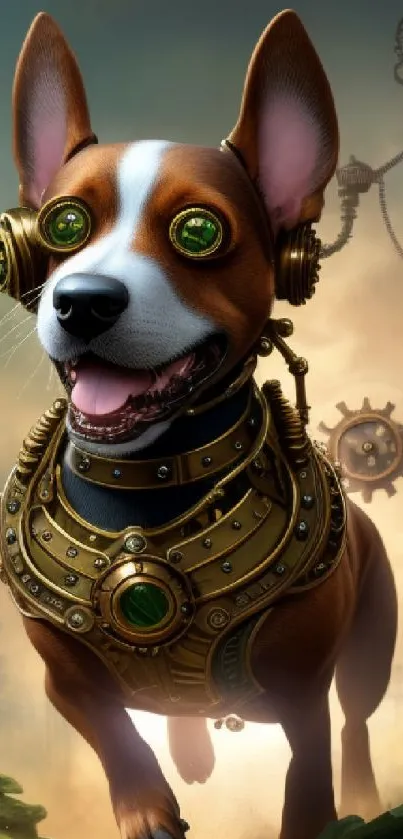 Steampunk dog in futuristic cityscape wallpaper.