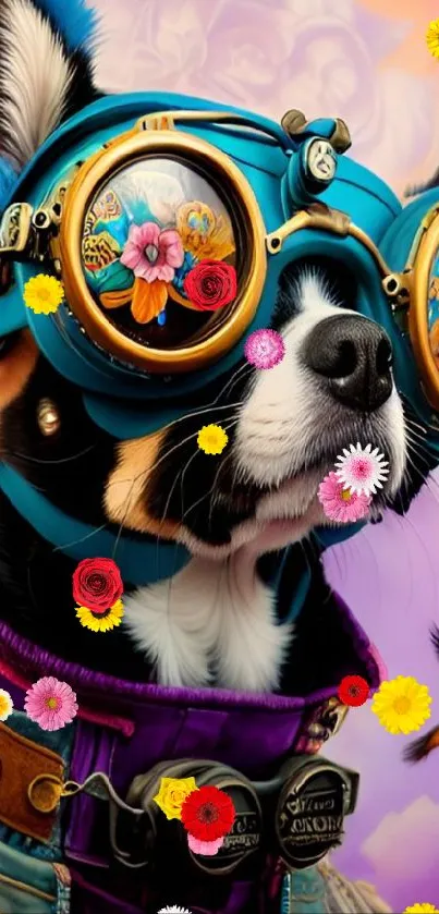 Steampunk dog in colorful goggles and blue helmet wallpaper.