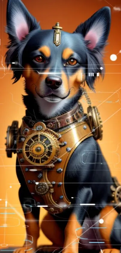 Steampunk dog with gears on orange background.