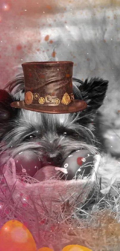 Steampunk dog in grayscale with pink accents, wearing a hat.