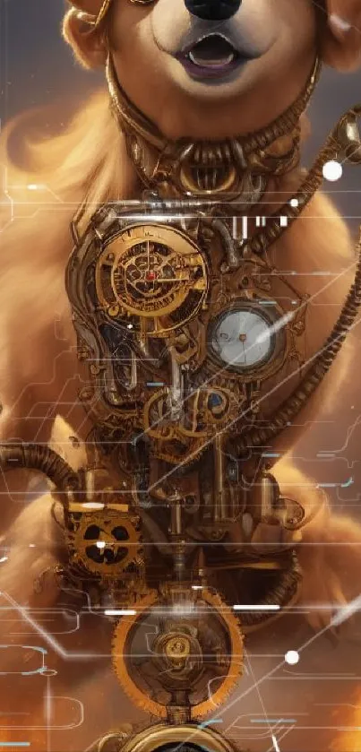 Steampunk dog with mechanical gears and fiery effects.