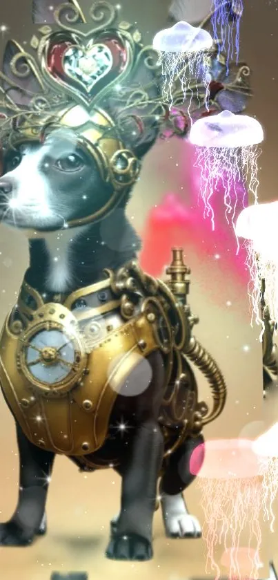 Steampunk robotic dog with gears and clouds in a fantasy setting.