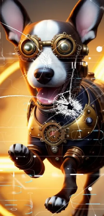 Steampunk dog wallpaper with glowing gears and a playful pup.