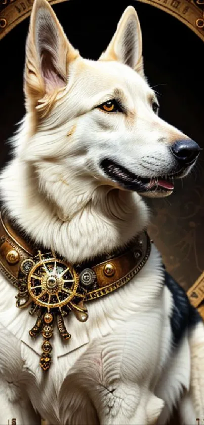 Steampunk dog with golden gear necklace on dark background.