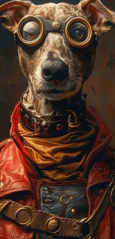 Steampunk dog in goggles and red jacket