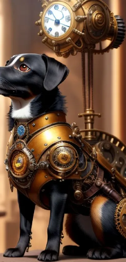 Steampunk dog with mechanical elements in a vintage design.