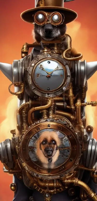 Steampunk dog with gears on orange background.