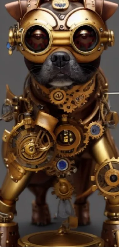 Steampunk dog with brass gears and goggles in a vintage style wallpaper.