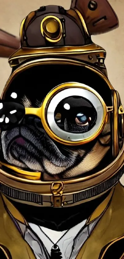 Steampunk pug wearing detailed goggles in a vintage style illustration for mobile wallpaper.