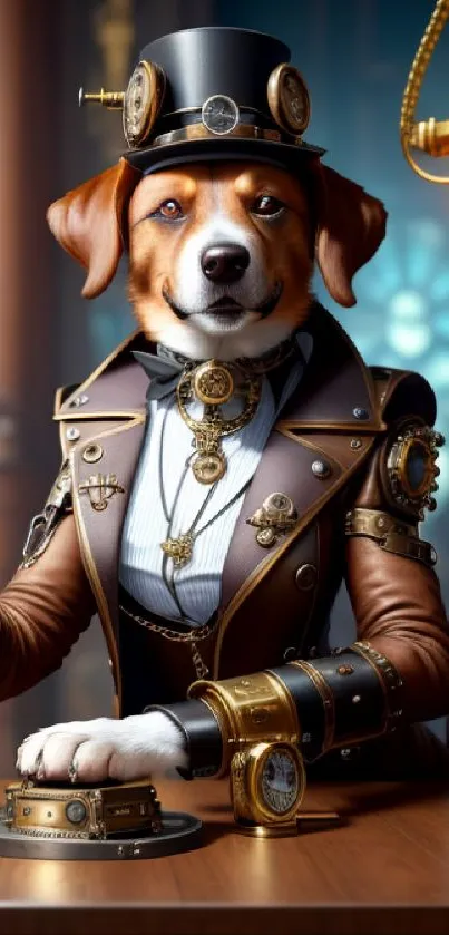 Steampunk-themed dog portrait in Victorian gear attire.