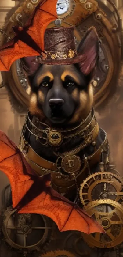 Steampunk German Shepherd with gears and bats.