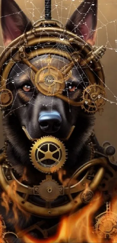 Steampunk dog with gears and fiery accents in a vintage style.