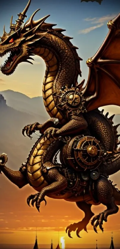 Steampunk dragon soaring over sunset castle silhouette.