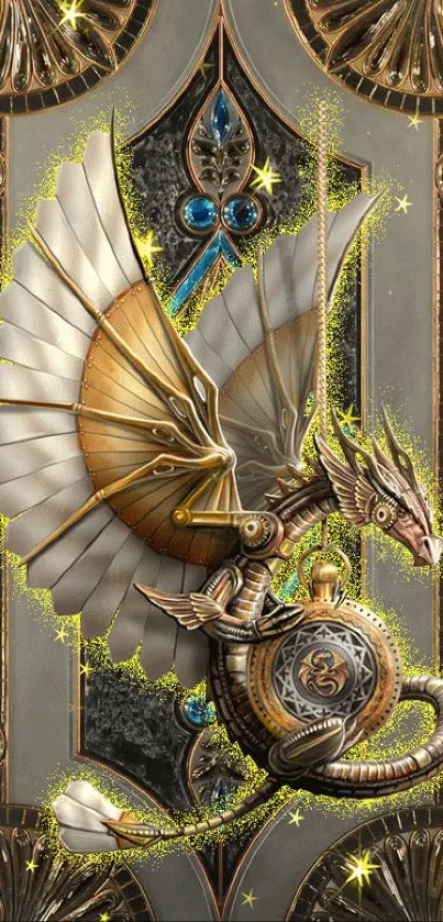 Steampunk dragon artwork with gold accents and fantasy theme.