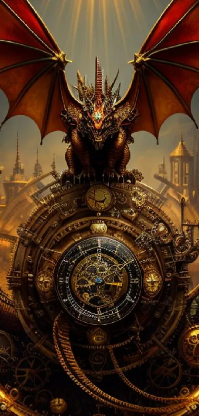 Steampunk dragon atop intricate gears with a radiant glow.