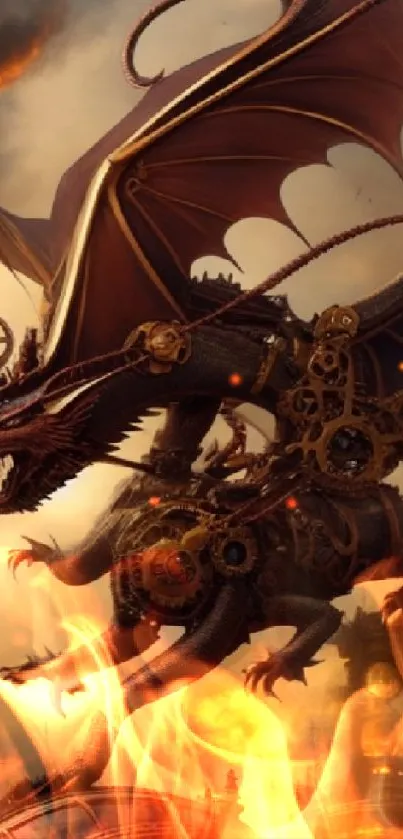 Steampunk dragon with gears and fiery background in stunning detail.