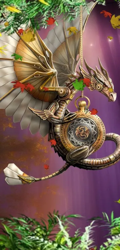 Steampunk dragon flying in a vibrant fantasy setting with autumn leaves.